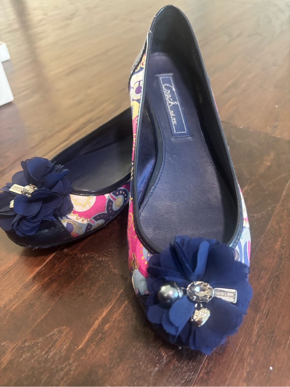 Coach Navy Multicolor Floral Ballet Flats with Navy Flower Accent